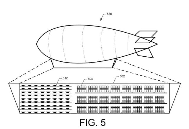 Gráfico de la patente del Dirigible de Amazon que muestra un modelo de cómo sería el centro de distribución aéreo.